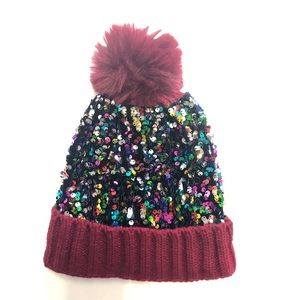 Burgundy Sparkly Beanie with Faux Fur Pompom